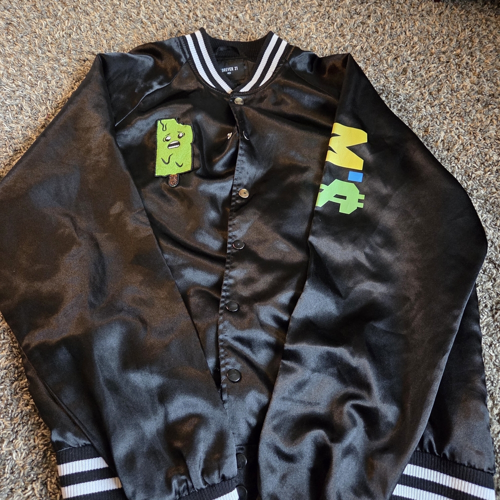 Black Satin Bomber Jacket with Graphic Patches